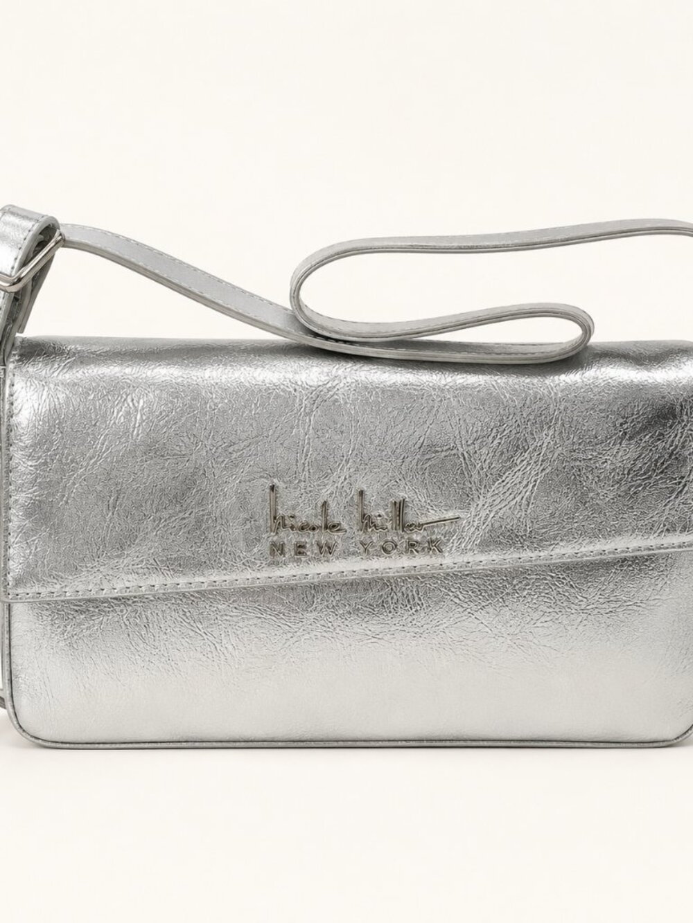 NWT Nicole Miller Metallic Silver Vegan Leather Shoulder Bag